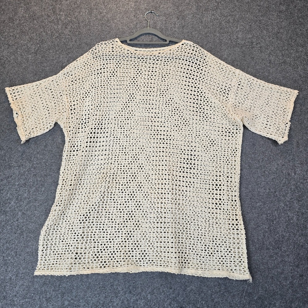 Women's Mesh Top Beige Oversized Relaxed Fit Short Sleeve Round Neck Pullover